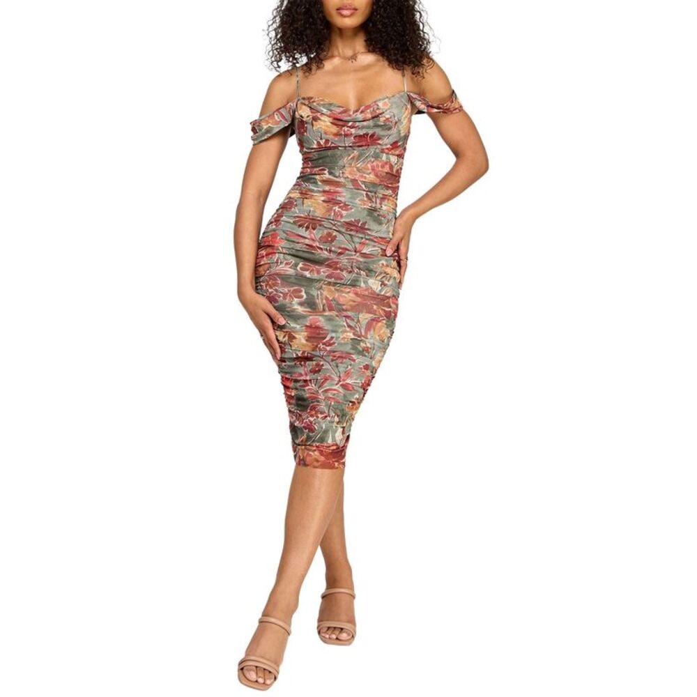 Katia Rae Juniors Floral Off-Shoulder Ruched Mesh Midi Dress Small Olive NWT $89